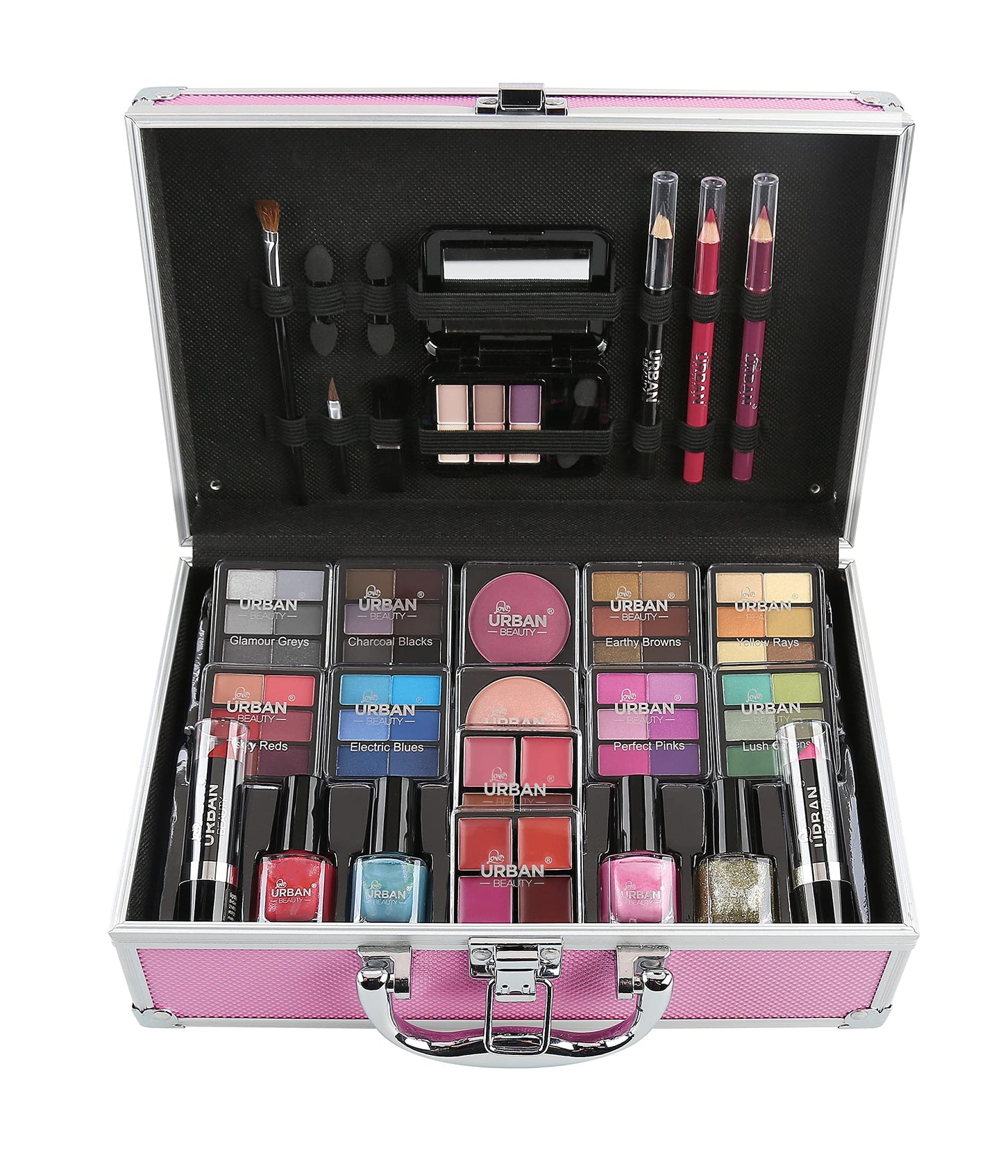 LOVE URBAN BEAUTY Vegano Beauty Case Rosa Caldo - Kit Trucco 82 pezzi per Ragazze e Donne con Ombretti, Fard, Rossetti e Prodotti per le Unghie - Divertente Valigetta da Trucco da Viaggio