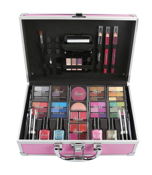 LOVE URBAN BEAUTY Vegano Beauty Case Rosa Caldo - Kit Trucco 82 pezzi per Ragazze e Donne con Ombretti, Fard, Rossetti e Prodotti per le Unghie - Divertente Valigetta da Trucco da Viaggio